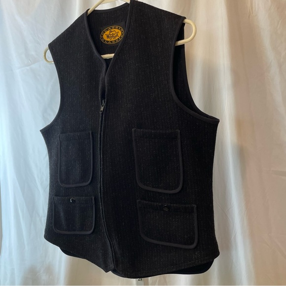 Woolrich Vintage 4 Pocket Black Pinstripe Wool Buckleback Utility Vest - Picture 7 of 8